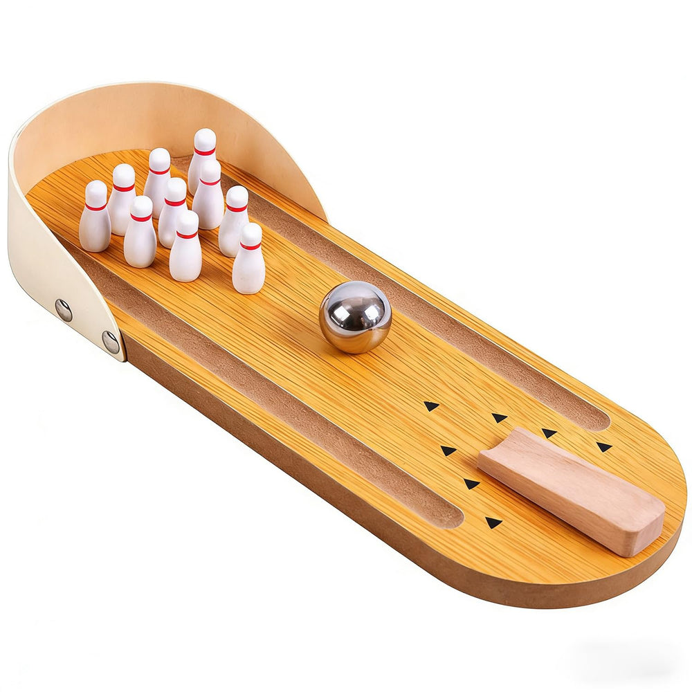 SANTA CASA desktop bowling set on a tidy desk for focus and fun