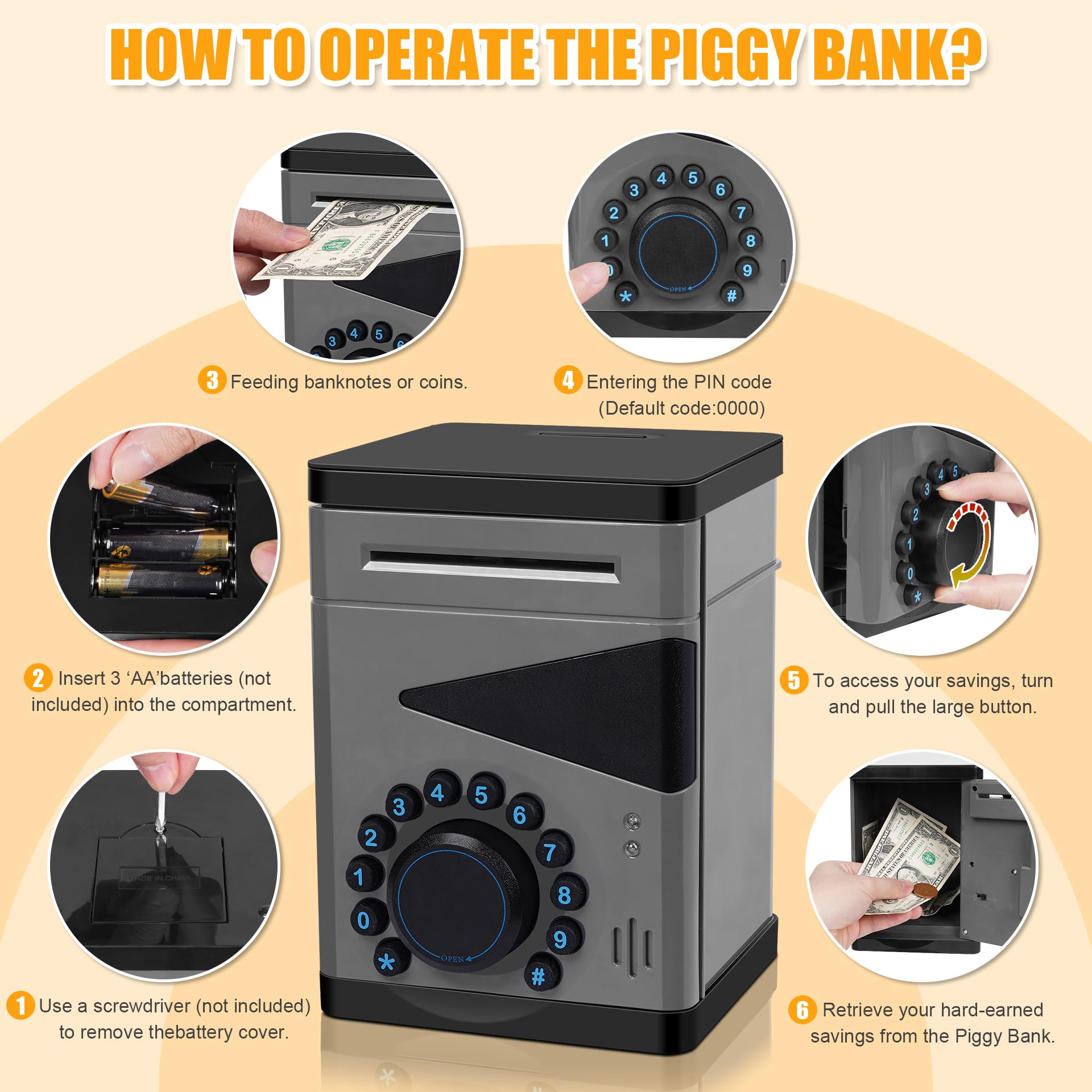 Saquuiui piggy bank 4 digit PIN panel keeps savings secure while learning.