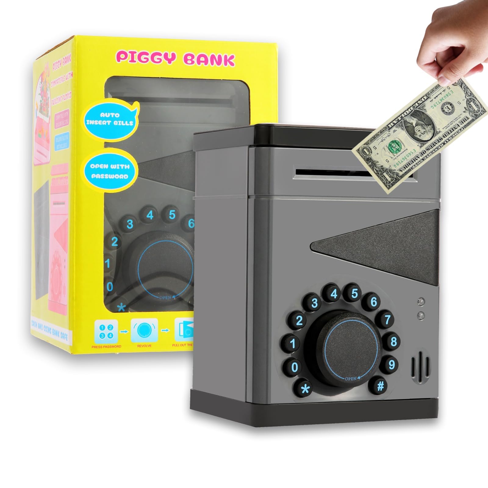 Saquuiui piggy bank includes imitation currency for pretend money practice.