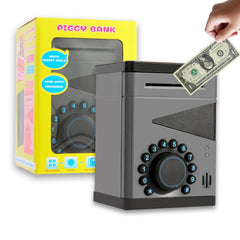 Saquuiui piggy bank includes imitation currency for pretend money practice.