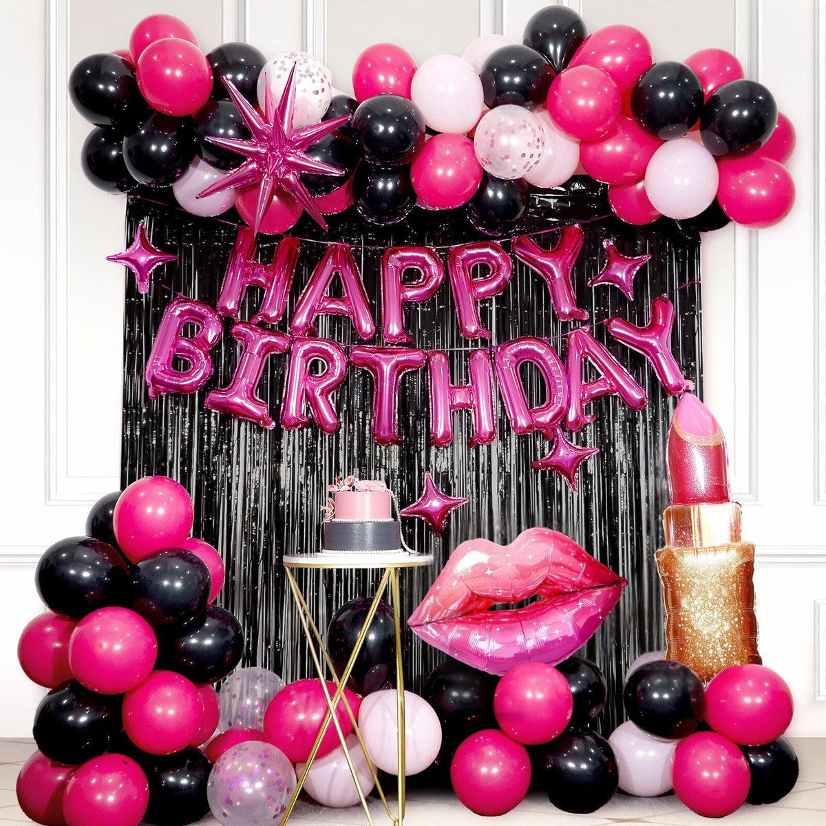 saratimtou pink and black birthday banner creates a bold photo backdrop