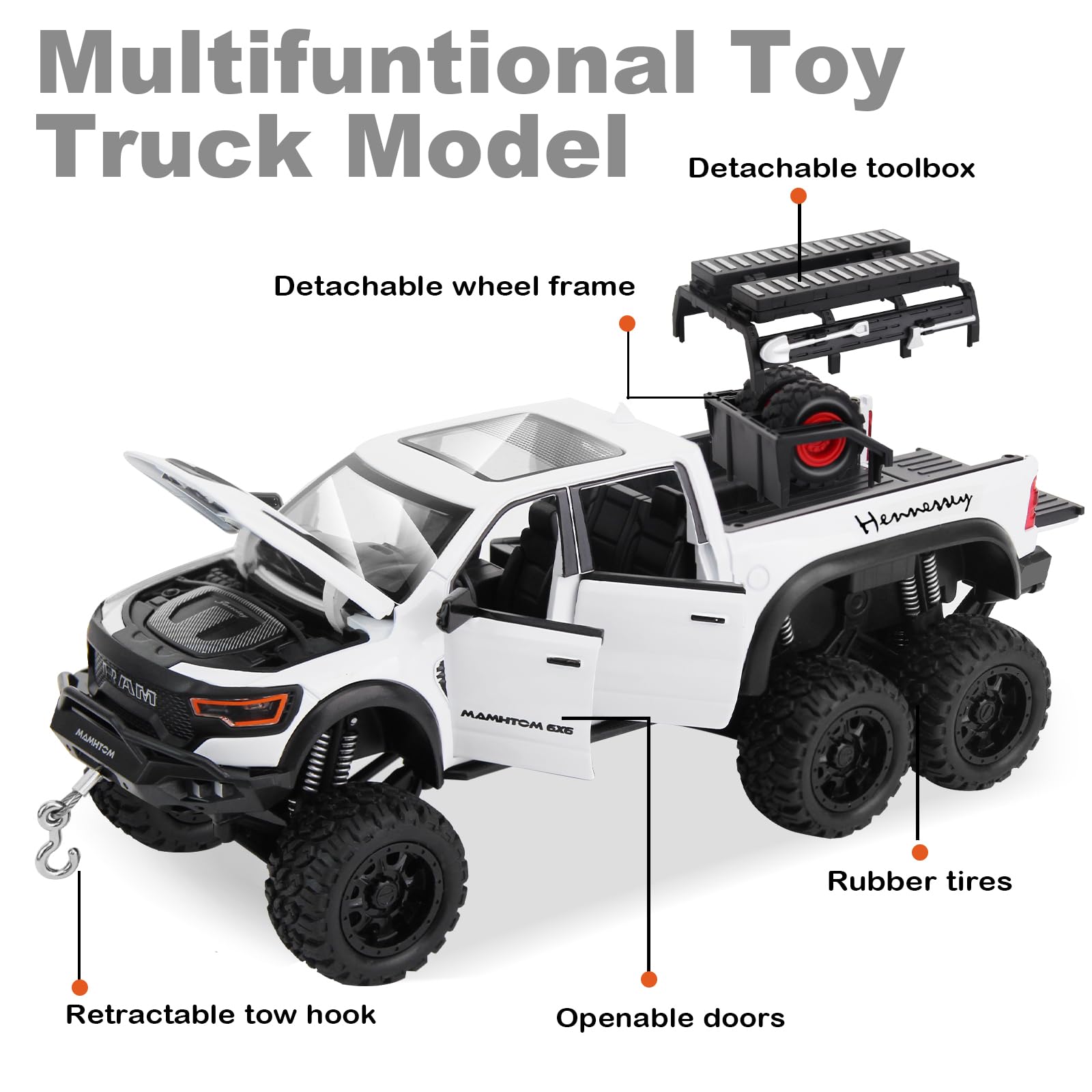 SASBSC 6x6 pickup truck toy white side view highlights collectible design for display and play