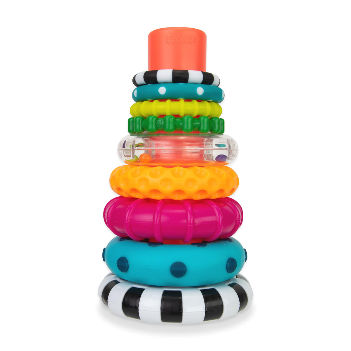 Sassy Stacks of Circles rings stacked by a baby, promoting early spatial exploration