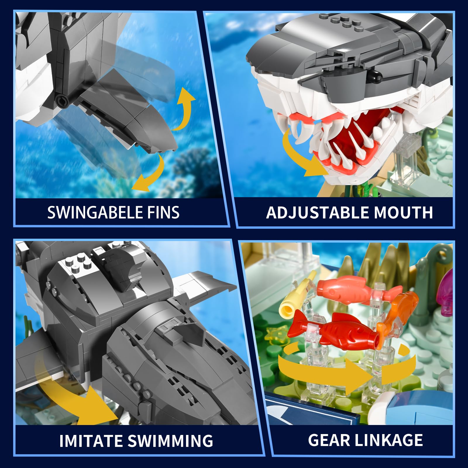 SATHIBI mechanical shark detailed body blocks recreate lifelike underwater aesthetics.