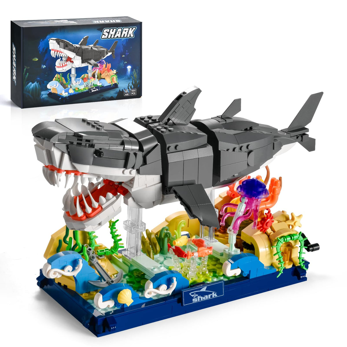 SATHIBI mechanical shark front view with detailed blocks for eye-catching desk decor.