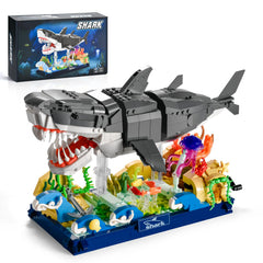 SATHIBI mechanical shark front view with detailed blocks for eye-catching desk decor.