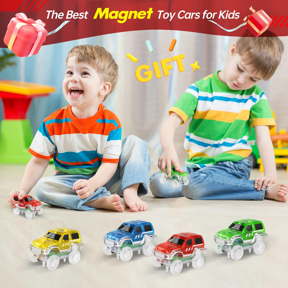 Save Unicorn packaging shows four-pack magnetic track cars