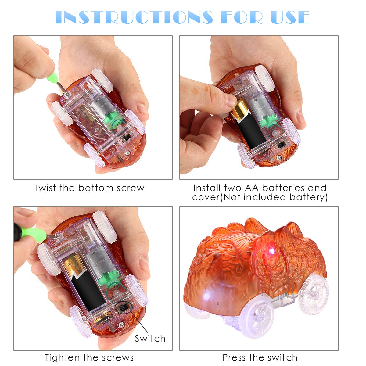 Save Unicorn track cars packaging includes screwdriver for easy battery setup