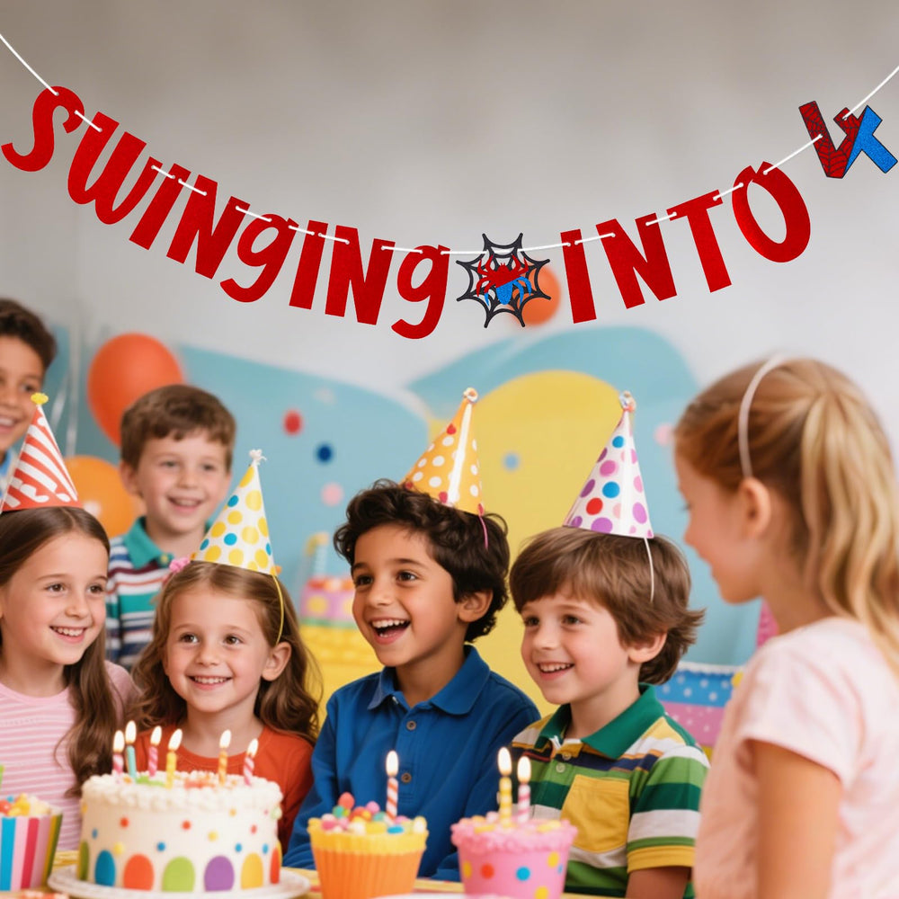 Savita Spider Birthday Banner assembled and hanging in a party space