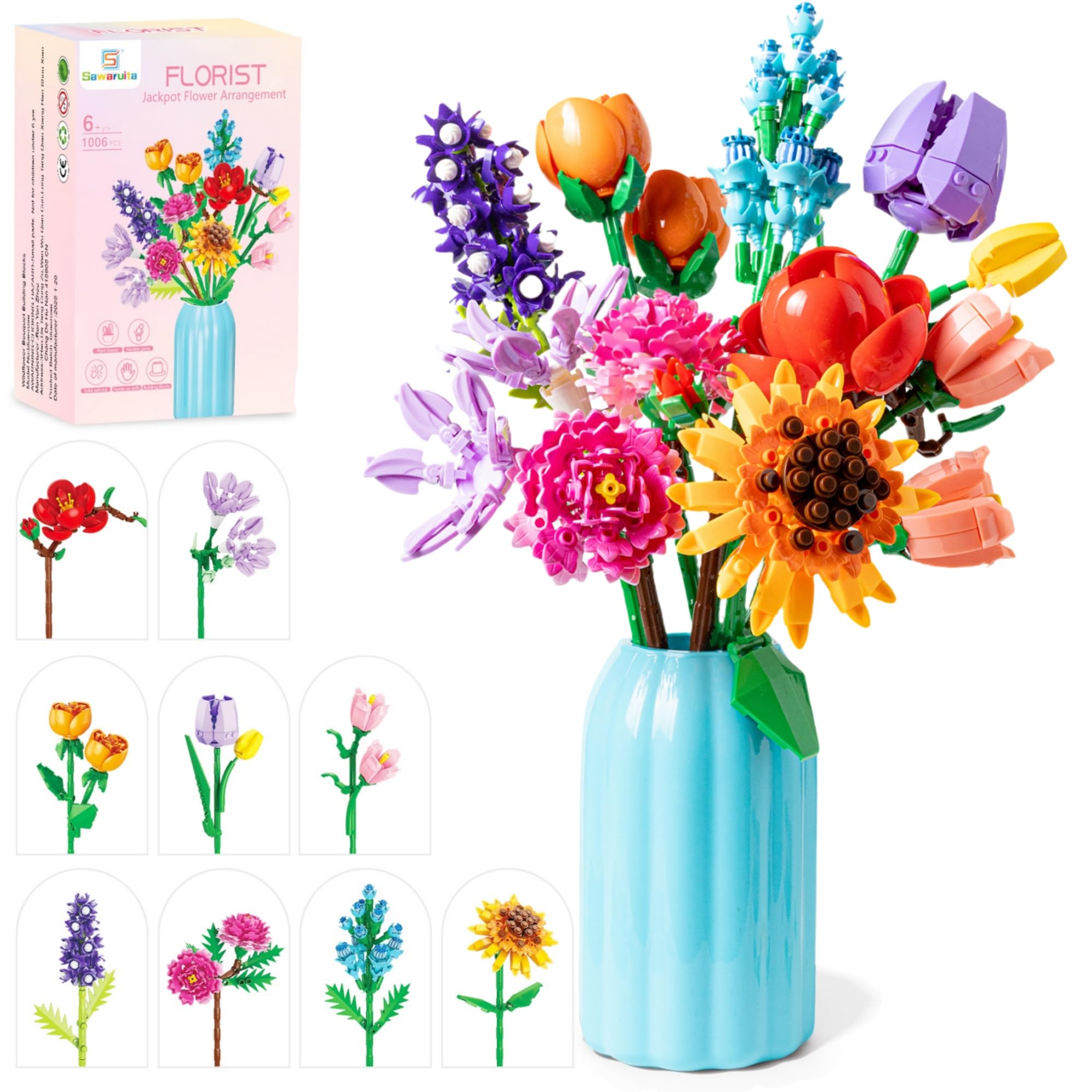 Sawaruita bouquet block sunflowers with vase, bright decor idea and tactile build experience