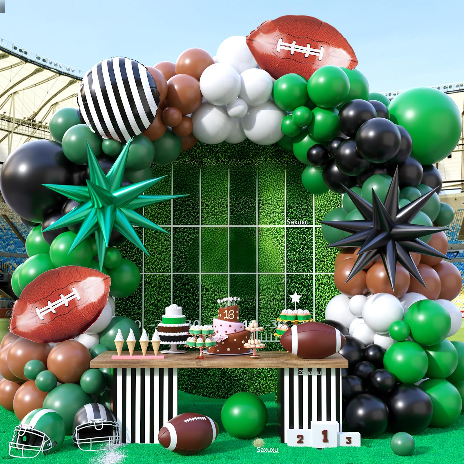 Saxuxu football arch kit with green balloons creates a vibrant party backdrop for photo-worthy sports celebrations