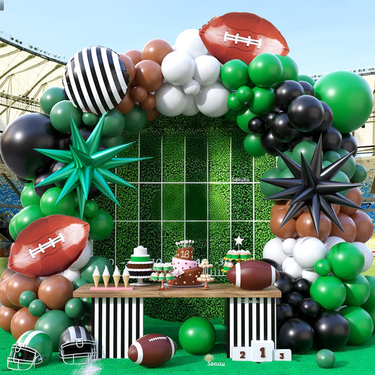 Saxuxu football arch kit with green balloons creates a vibrant party backdrop for photo-worthy sports celebrations