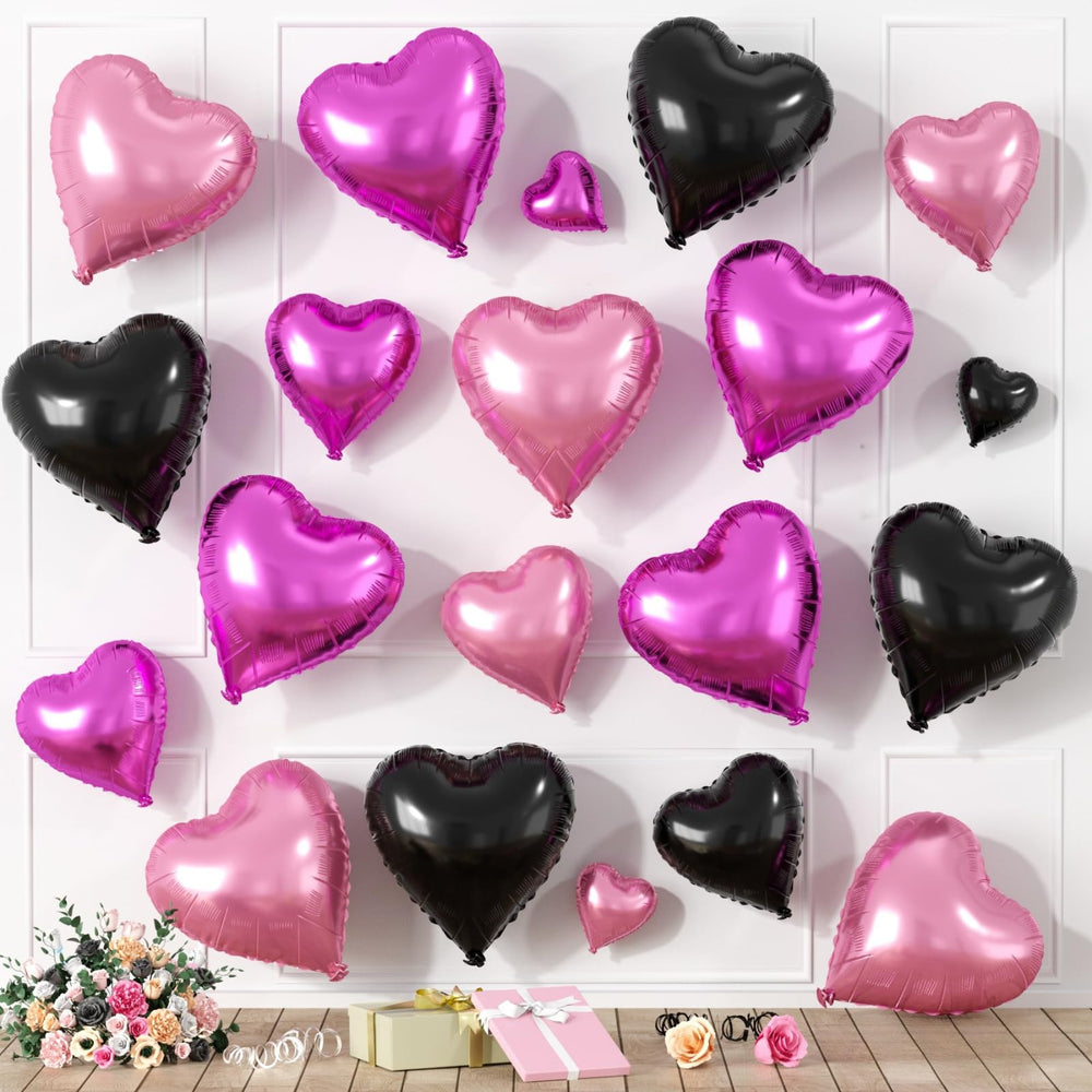 Saxuxu hot pink and black heart balloons 18-inch foil for dramatic wedding decor