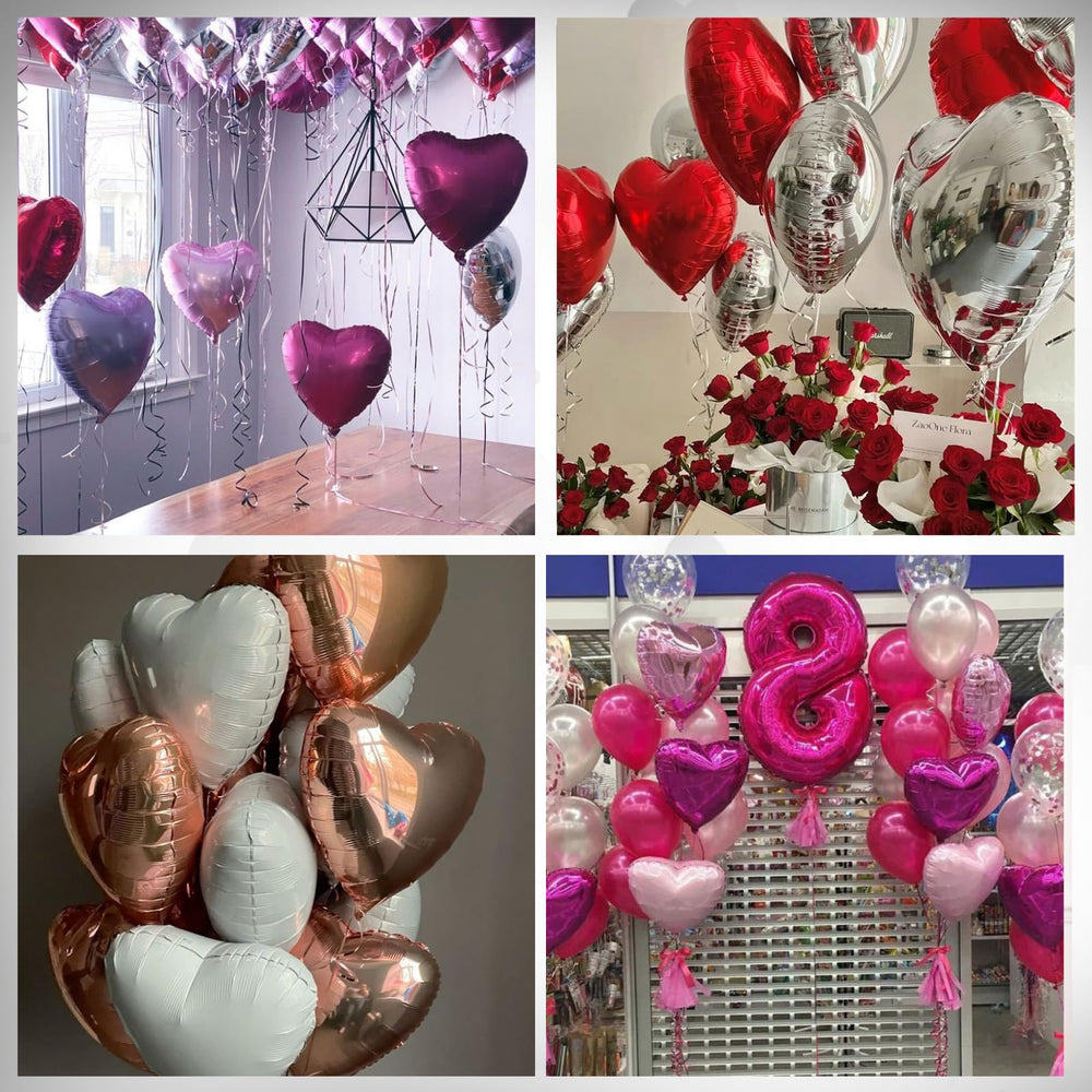 Saxuxu hot pink heart balloons closeup foil shine enhances party decor.
