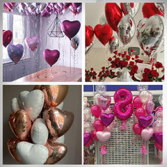 Saxuxu hot pink heart balloons closeup foil shine enhances party decor.