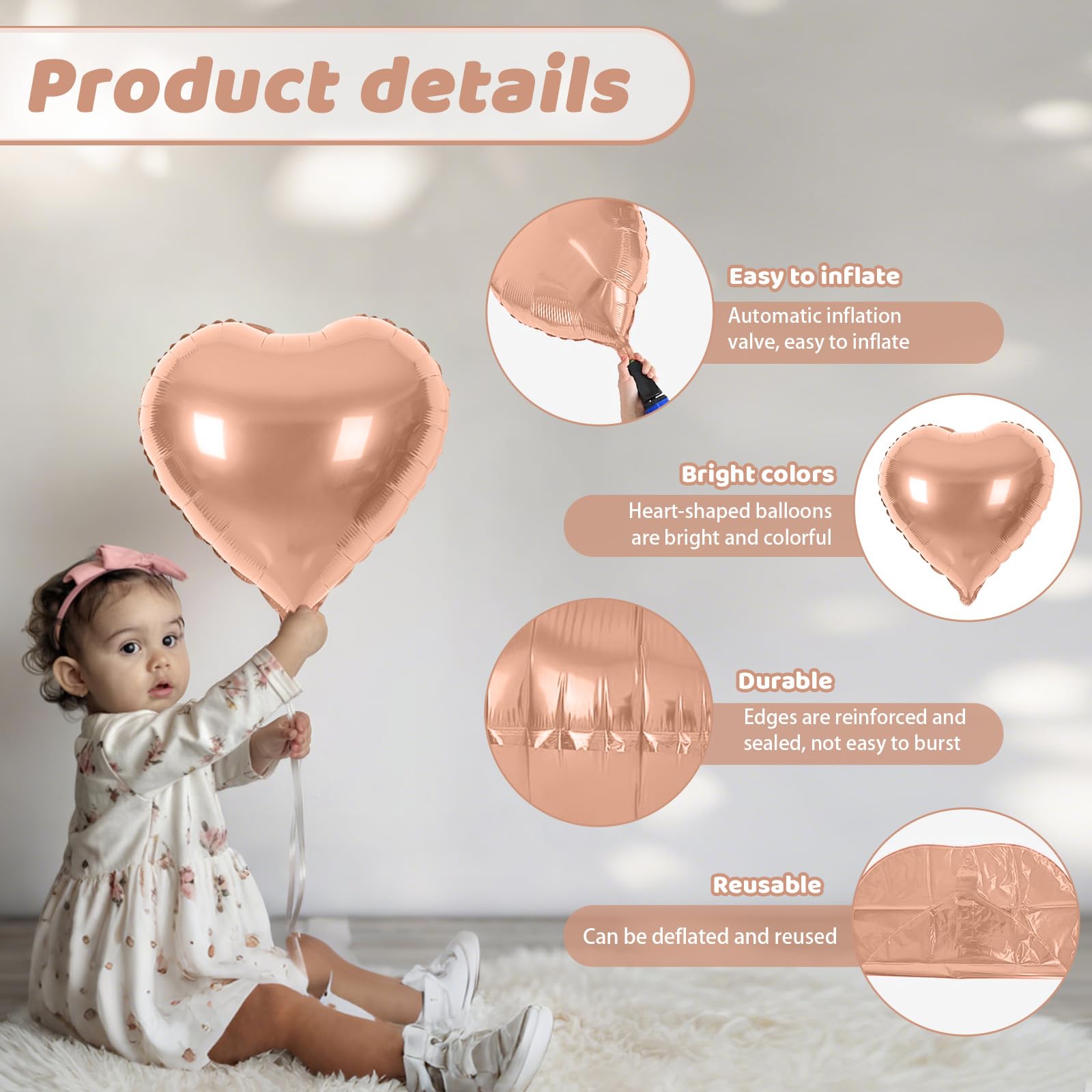 Saxuxu Rose Gold Heart Balloons birthday display adds festive flair.