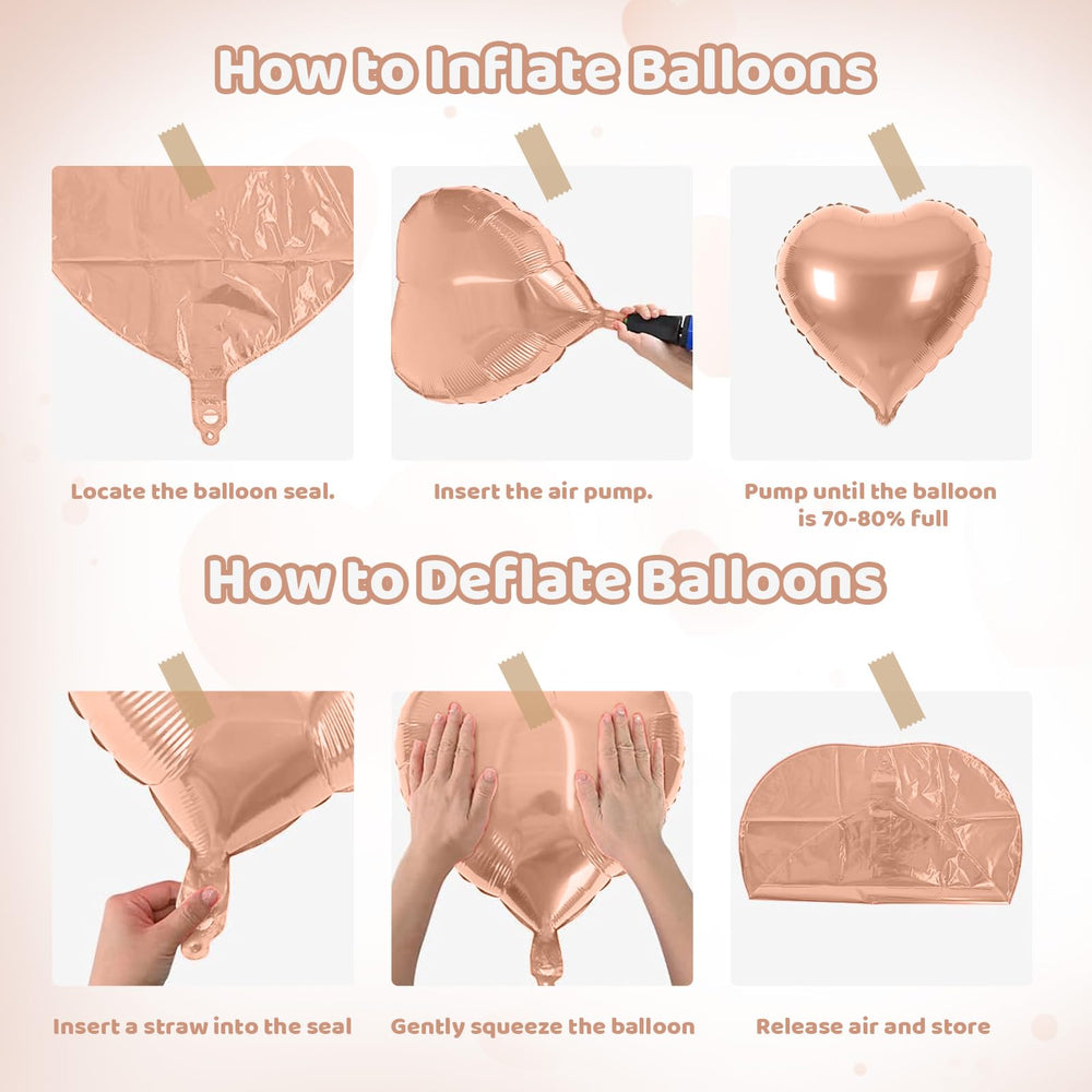 Saxuxu Rose Gold Heart Balloons close-up finish showcases glossy foil shine.