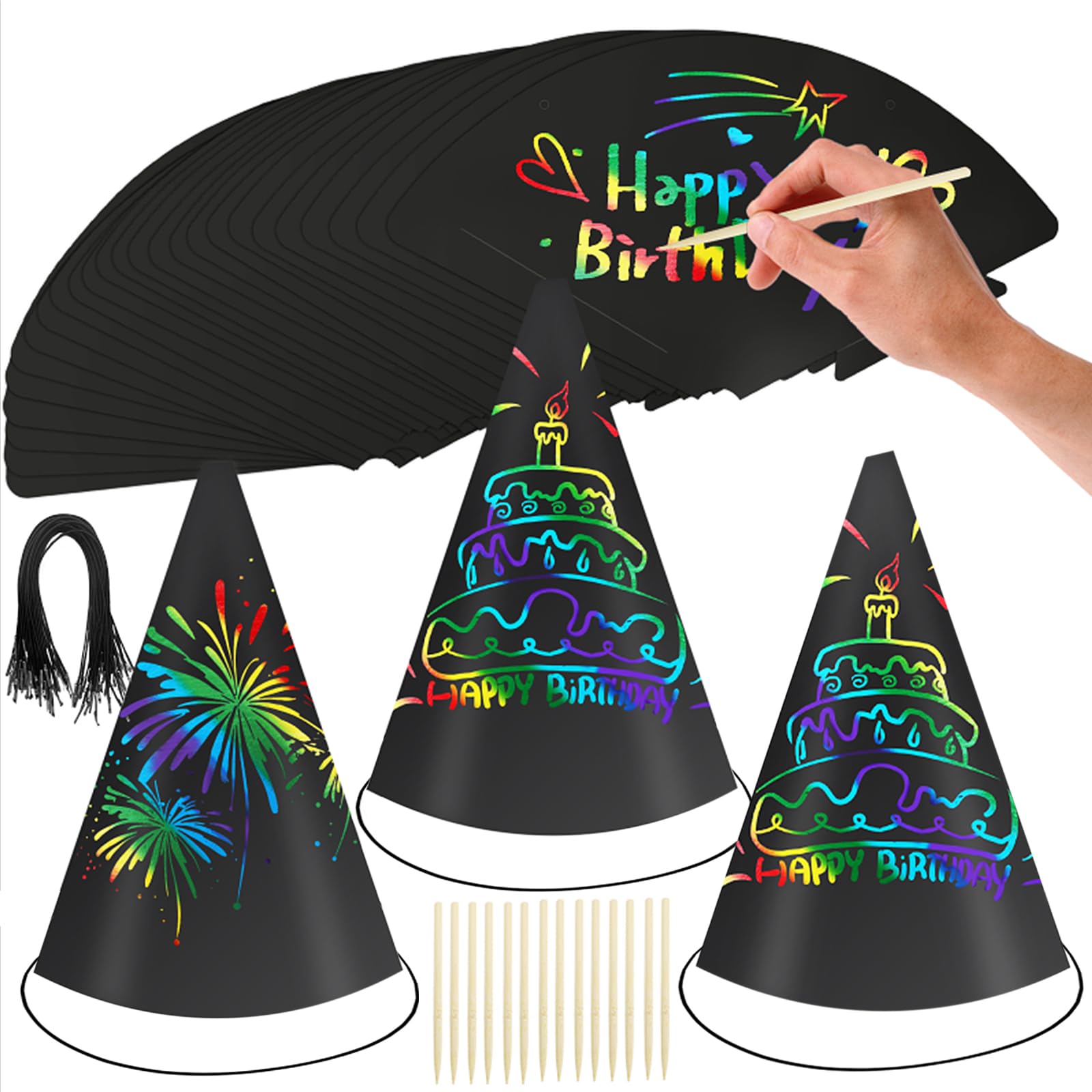 Sayaya rainbow scratch hat 24 pcs reveals colorful designs for a festive party.