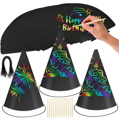 Sayaya rainbow scratch hat 24 pcs reveals colorful designs for a festive party.