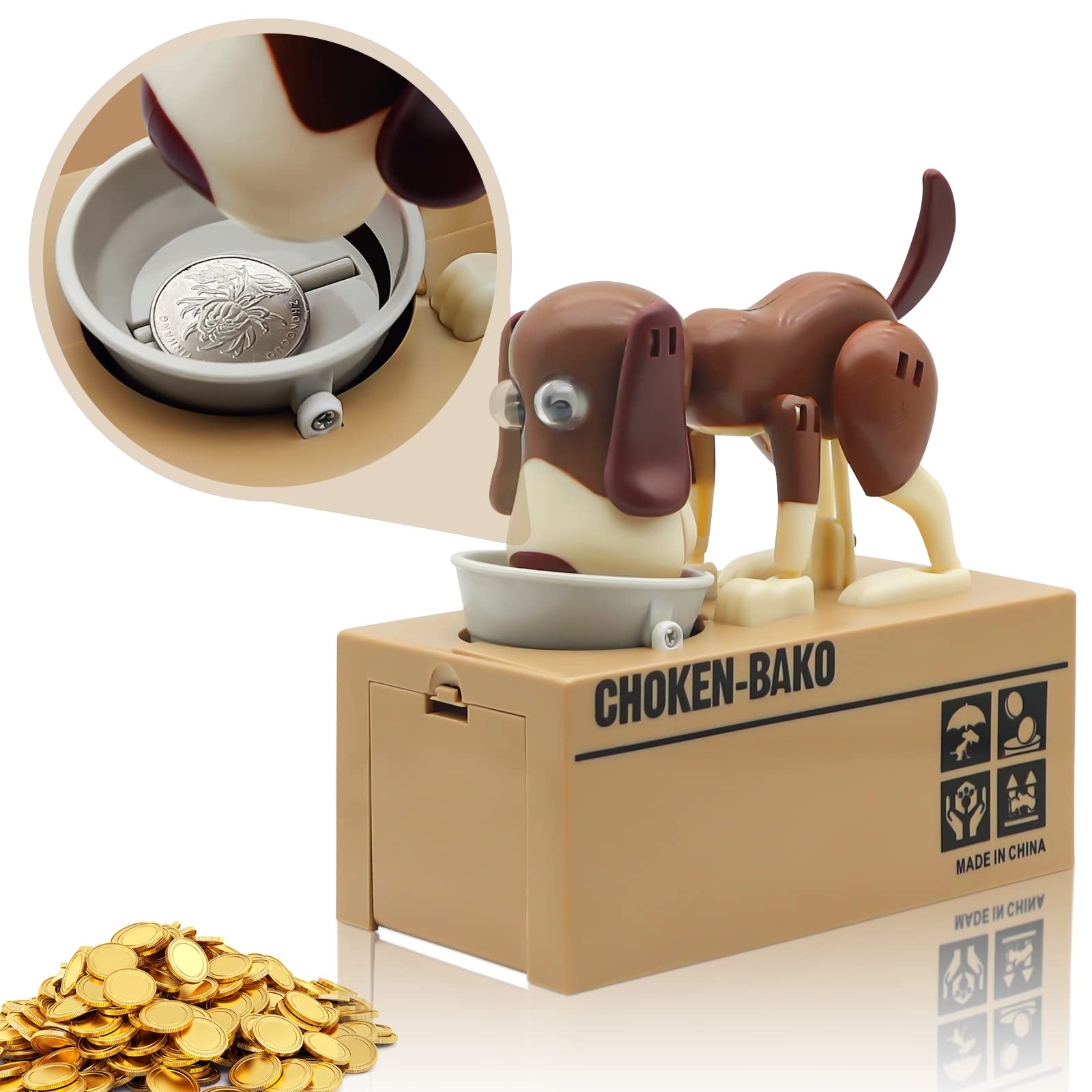 SAYTAY hungry puppy stealing coins captures a playful action and saving motivation.