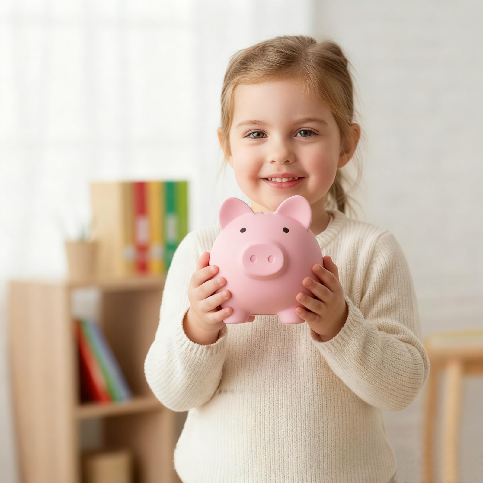 Sbrvaniy Piggy Bank size 6x4.8x5.4 inches fits on a shelf.