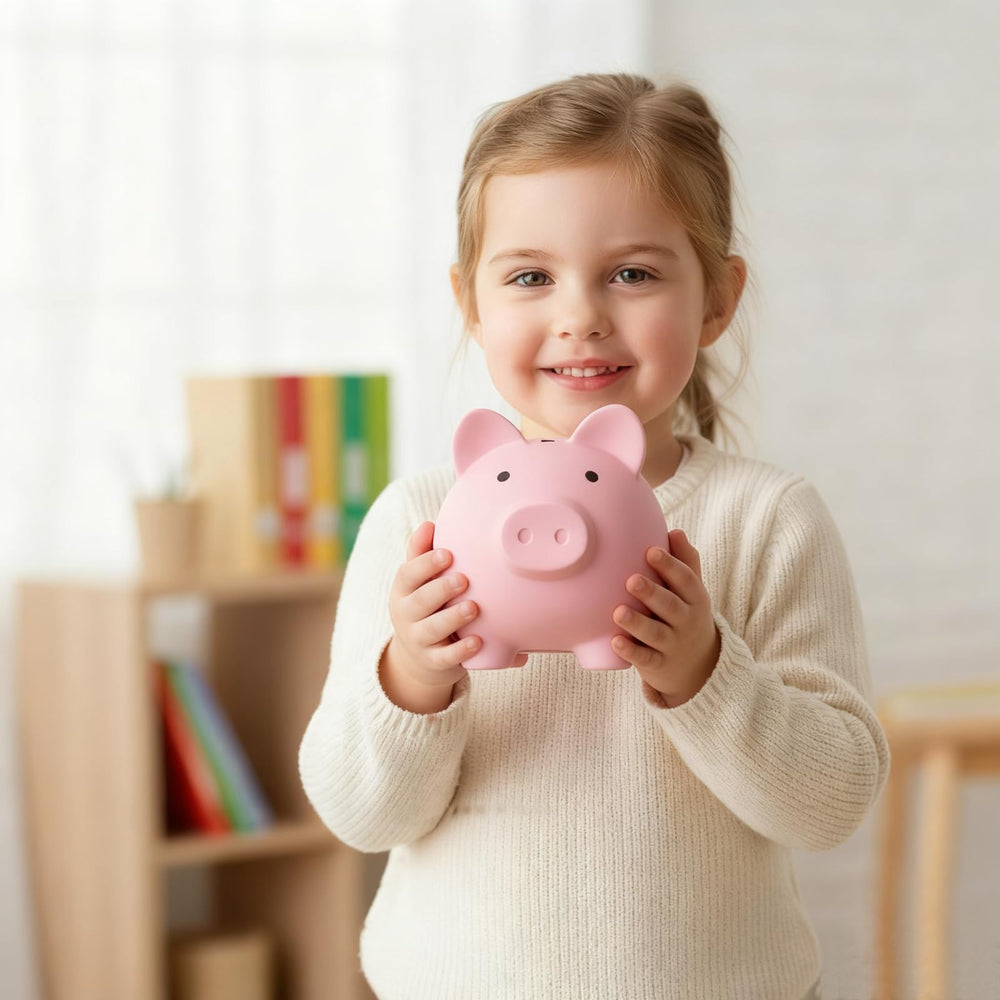 Sbrvaniy Piggy Bank size 6x4.8x5.4 inches fits on a shelf.