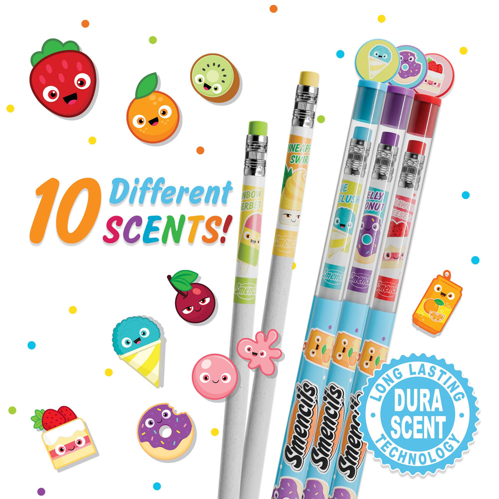 Scentco Graphite Smencils open tin displays scent list, ideal for gifting and classrooms