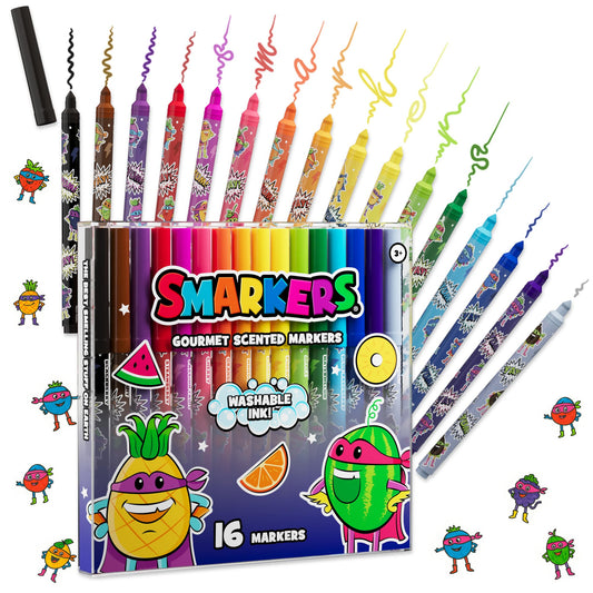 Scentco Smarkers 16-count pack shows vibrant colors and gourmet scents for creative coloring.