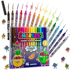 Scentco Smarkers 16-count pack shows vibrant colors and gourmet scents for creative coloring.