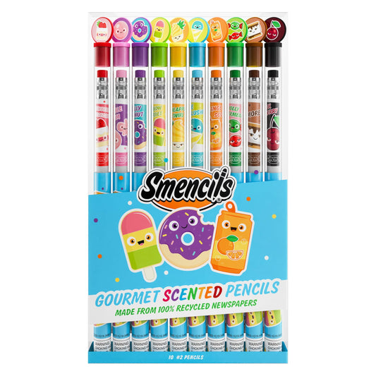 Closeup of Smencils scent labels highlights long-lasting aromas for writing and art.