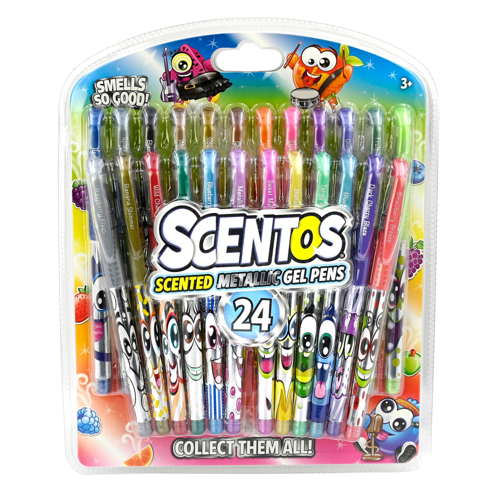 Scentos 24-pack scented metallic gel pens close-up for vibrant art projects.