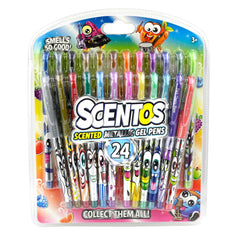 Scentos 24-pack scented metallic gel pens close-up for vibrant art projects.