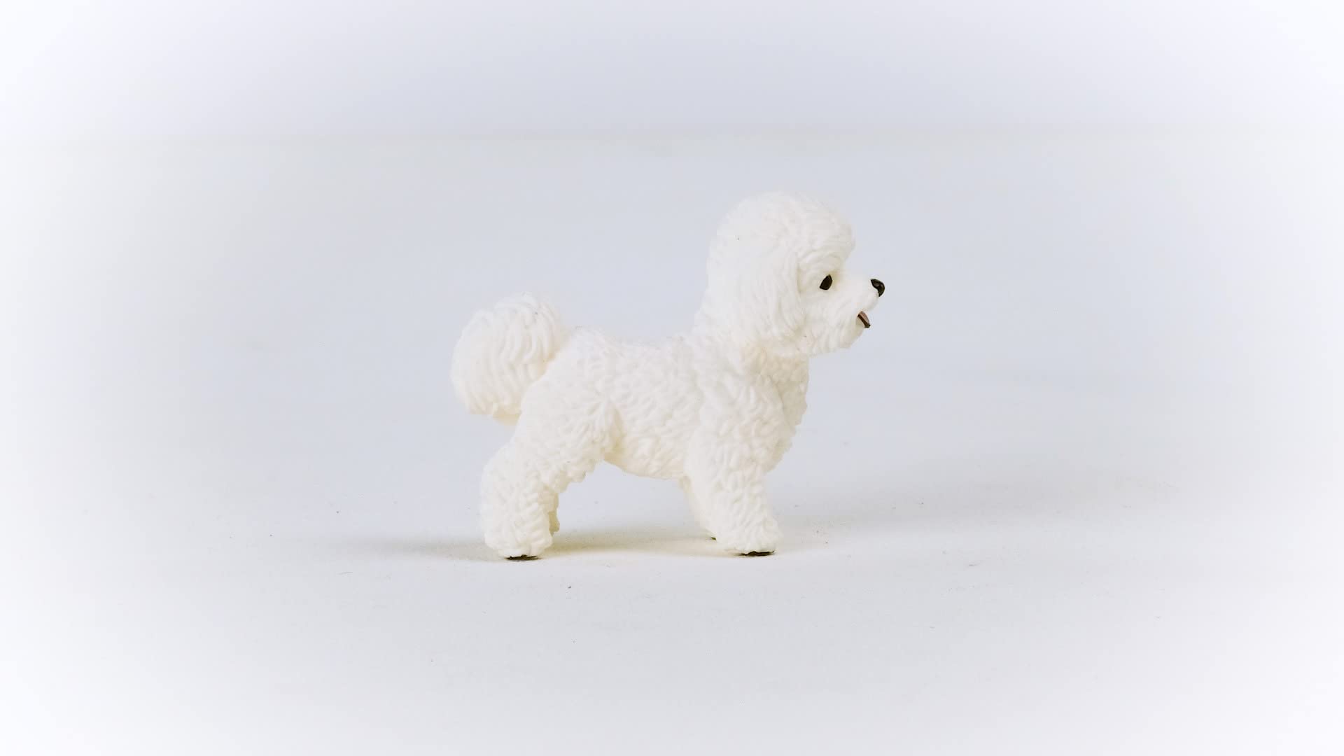 Schleich Farm World Bichon Frise figurine in a barn setting for cooperative pretend play.
