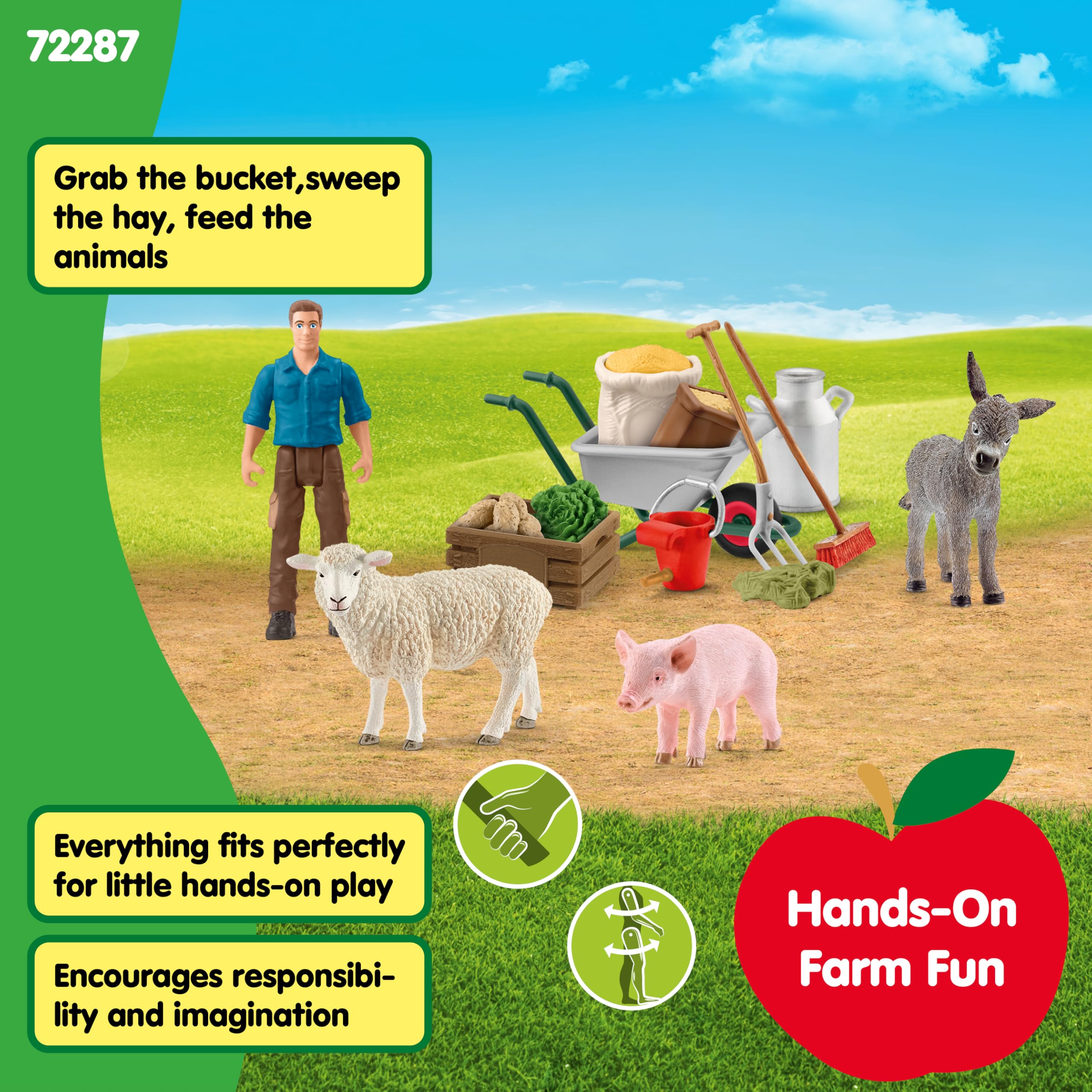 Schleich Farm World farmer action figure with wheelbarrow inspires hands-on chores