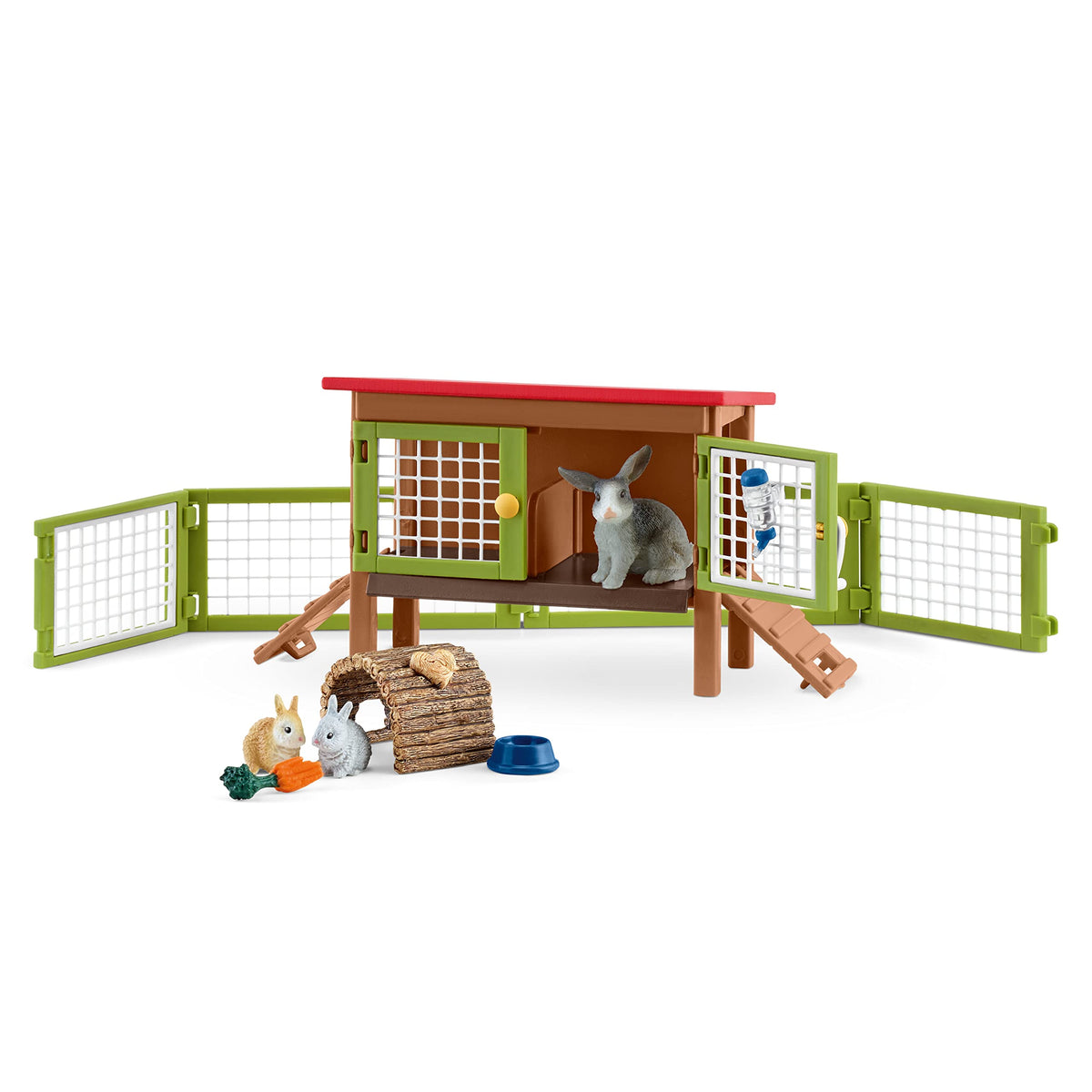 Schleich Farm World rabbit hutch with opening doors for imaginative play.