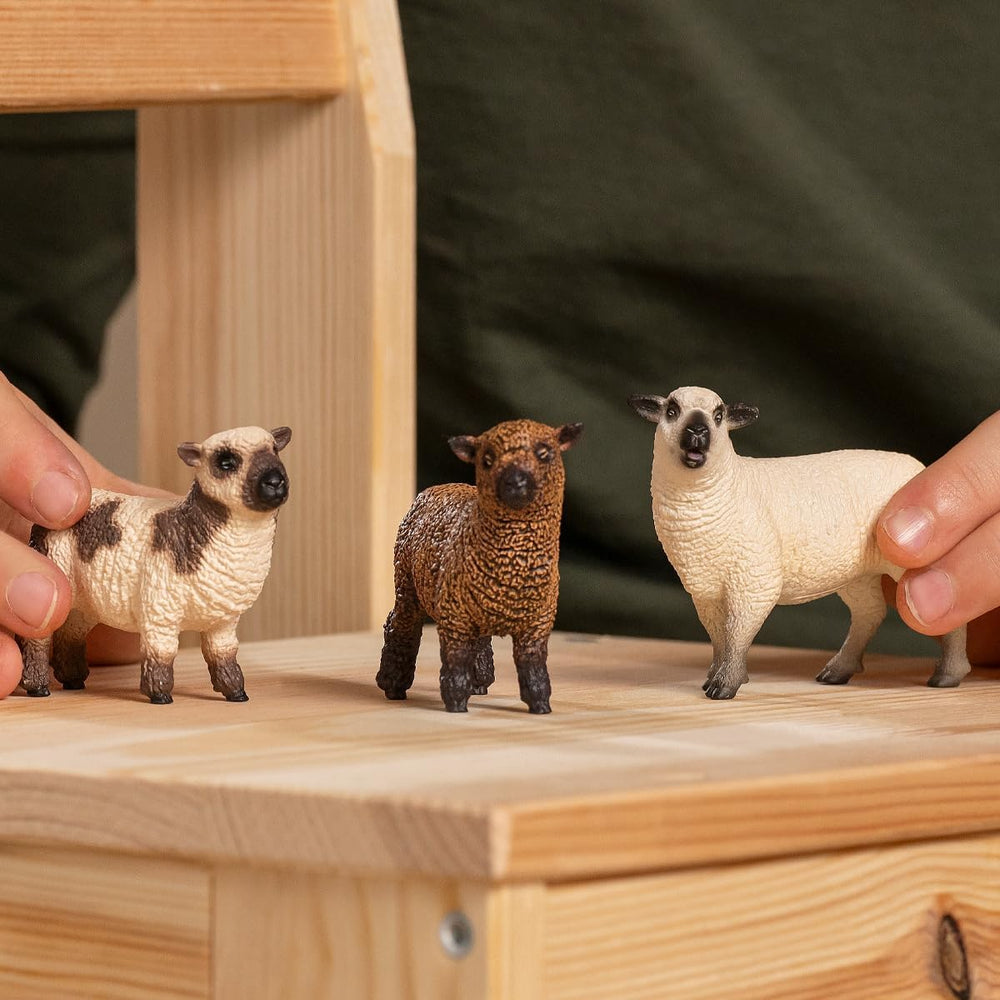 Schleich Farm World three sheep figurines inspire creative farm scenarios.