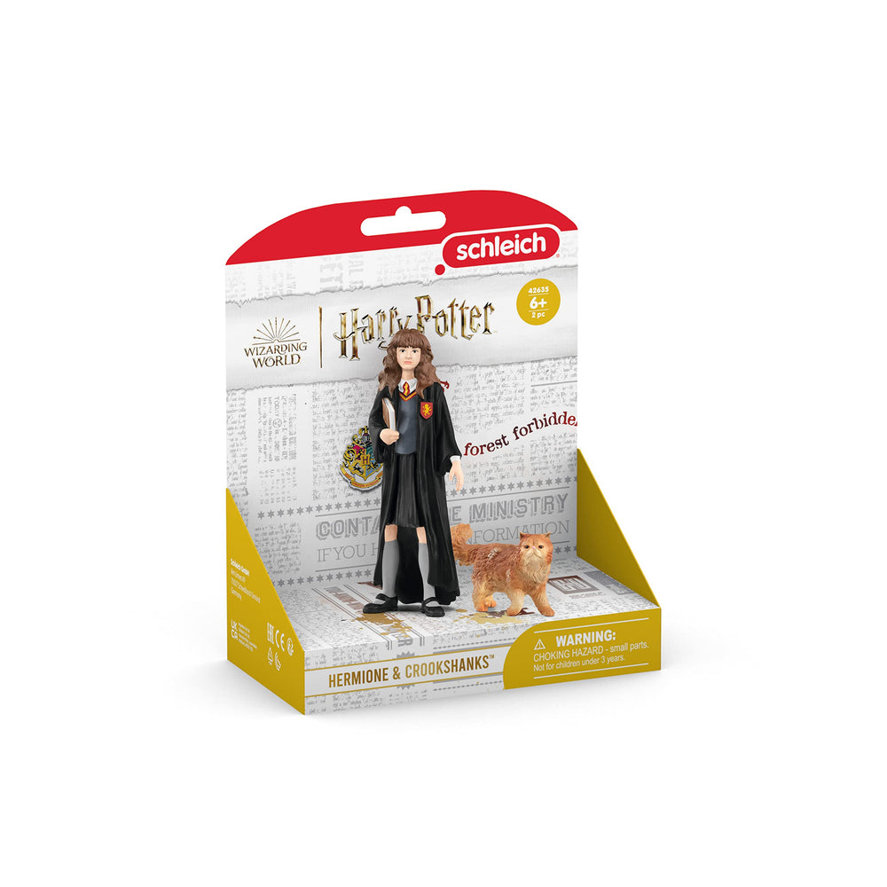 Schleich Crookshanks cat figurine beside Hermione, perfect for storytelling.