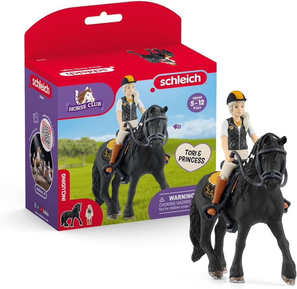 Schleich Horse Club Tori and Princess playset offers 11 pieces for imaginative equestrian adventures.