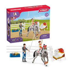 Schleich Mia's Vaulting Set shows a rider on a ready horse for practice.