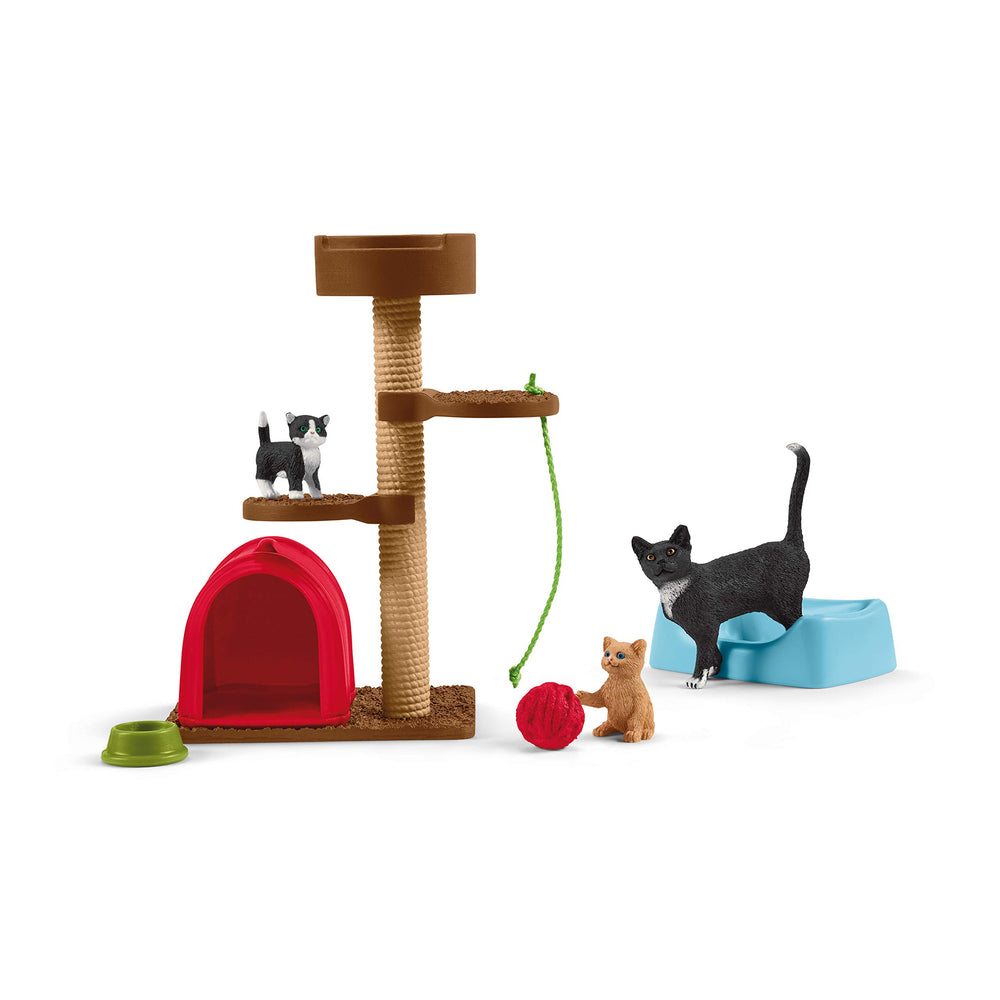 Schleich Playtime Cats scratch post with platforms for imaginative feline play.