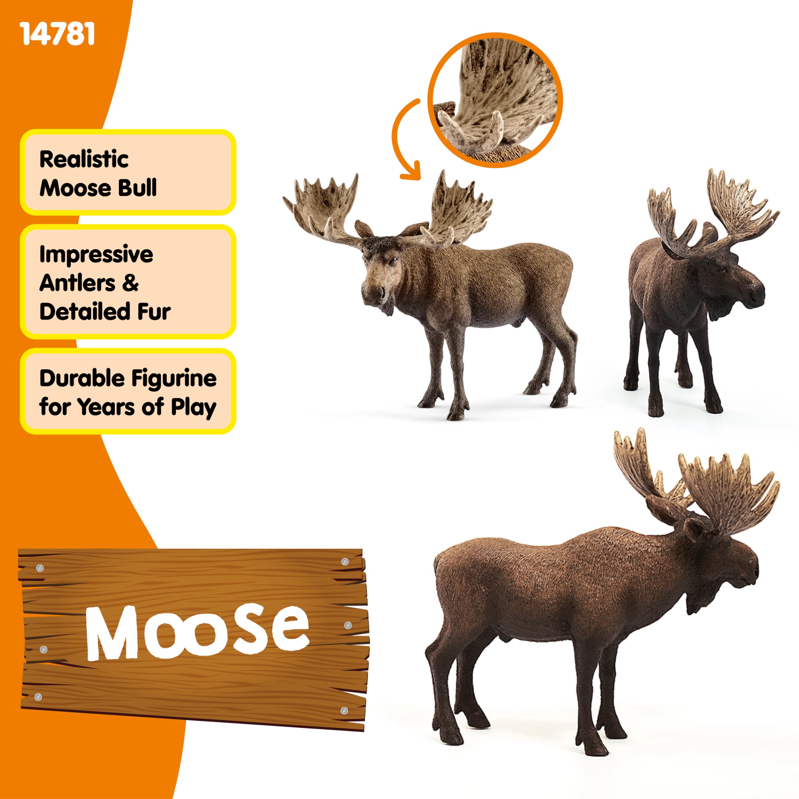 Schleich Moose Bull close-up eye details enhance tactile pretend adventures.