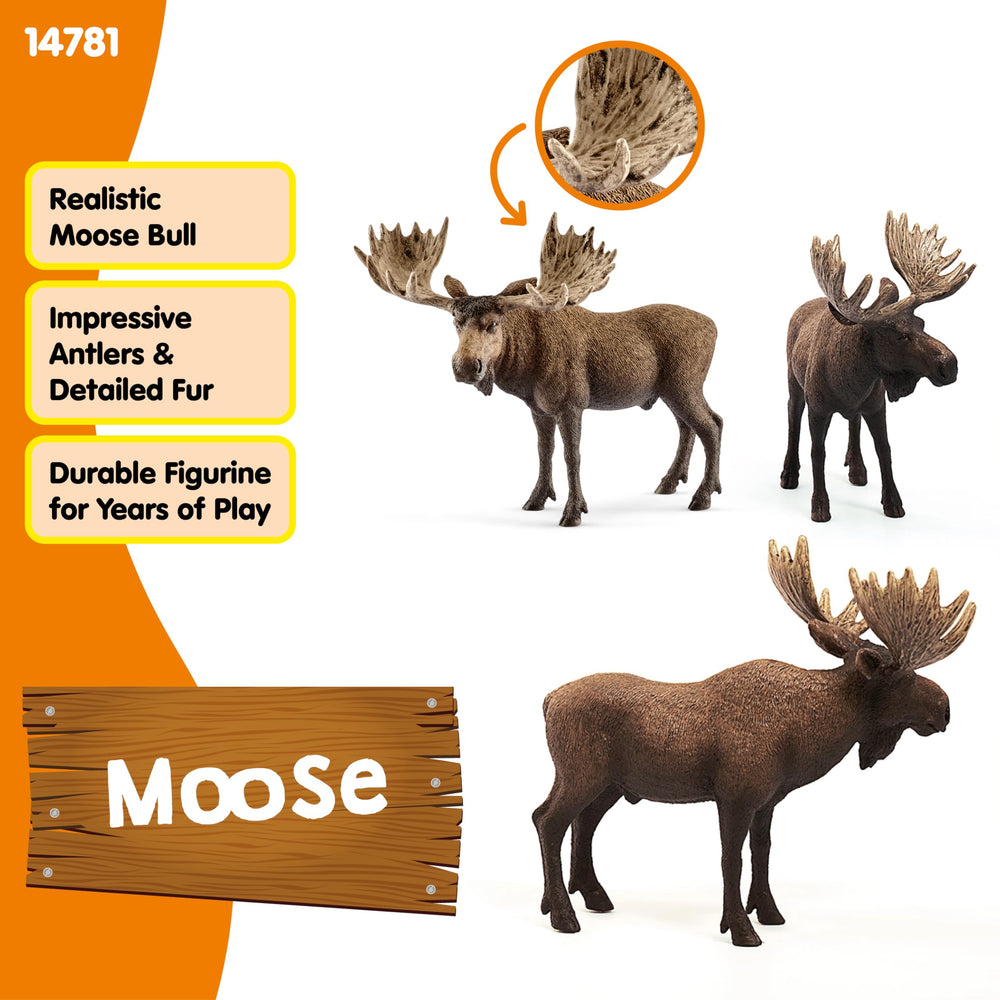 Schleich Moose Bull close-up eye details enhance tactile pretend adventures.