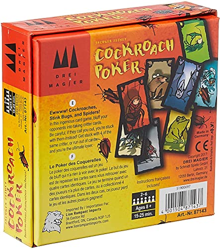 Schmidt Cockroach Poker cards arranged for rotation, emphasizing deception strategy for 3-6 players.