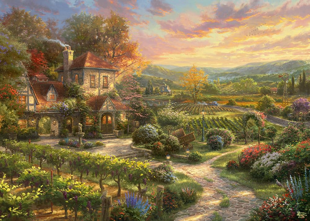 Schmidt Thomas Kinkade The Vineyards puzzle cover, inviting peaceful countryside ambiance during family puzzle night.