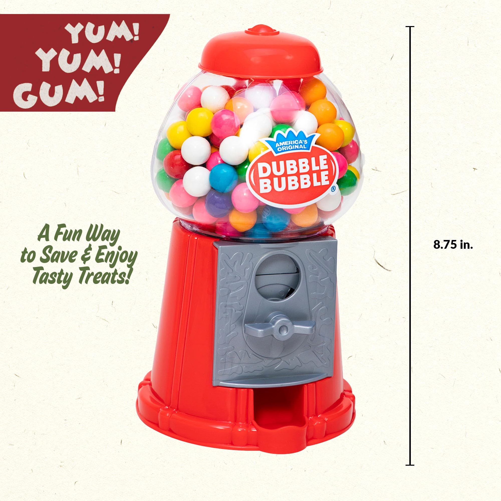 Schylling retro gumball bank in action with handle turning and gumball pop