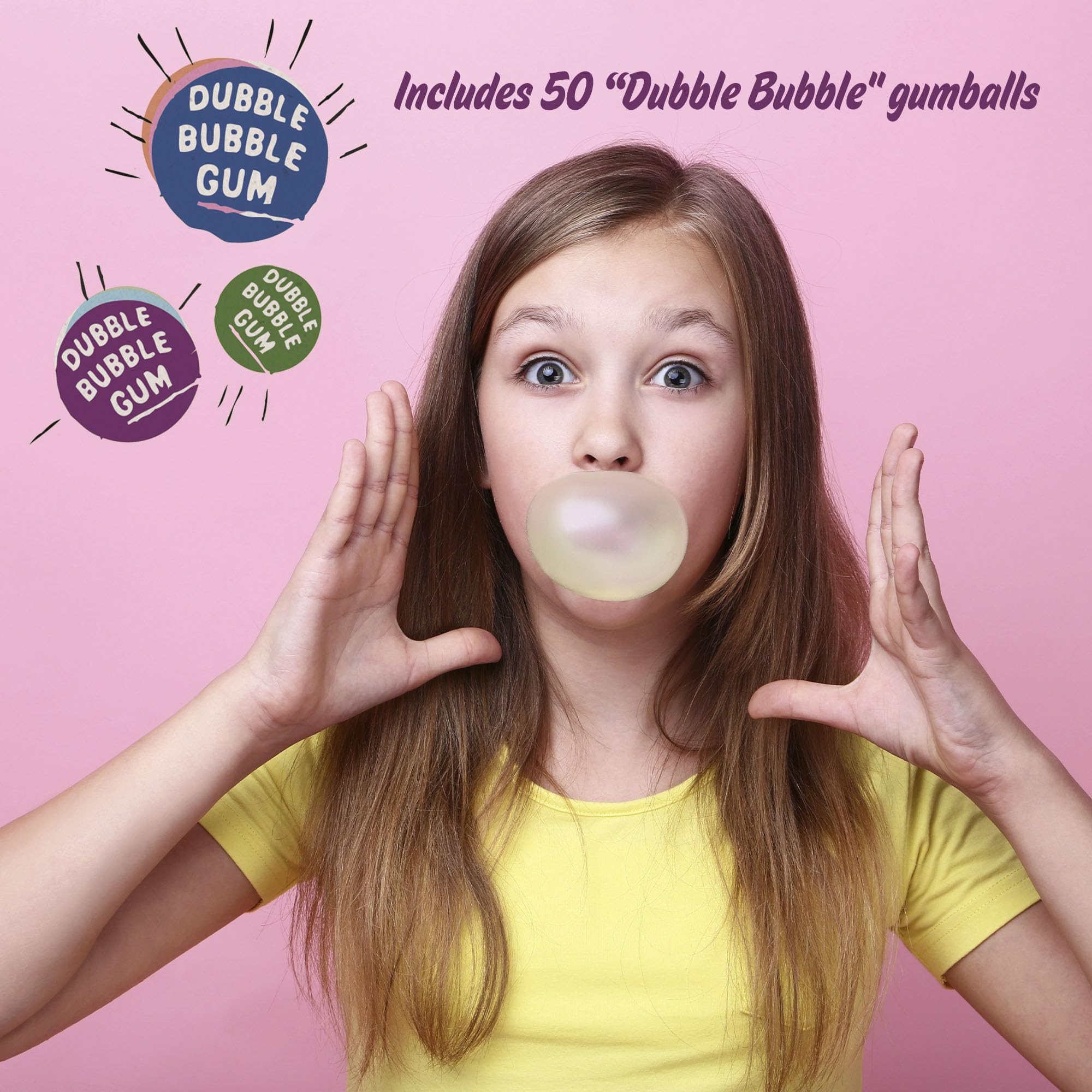 Schylling gumball bank showing over fifty Dubble Bubble gumballs inside