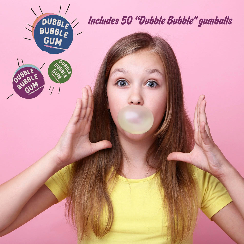 Schylling gumball bank showing over fifty Dubble Bubble gumballs inside