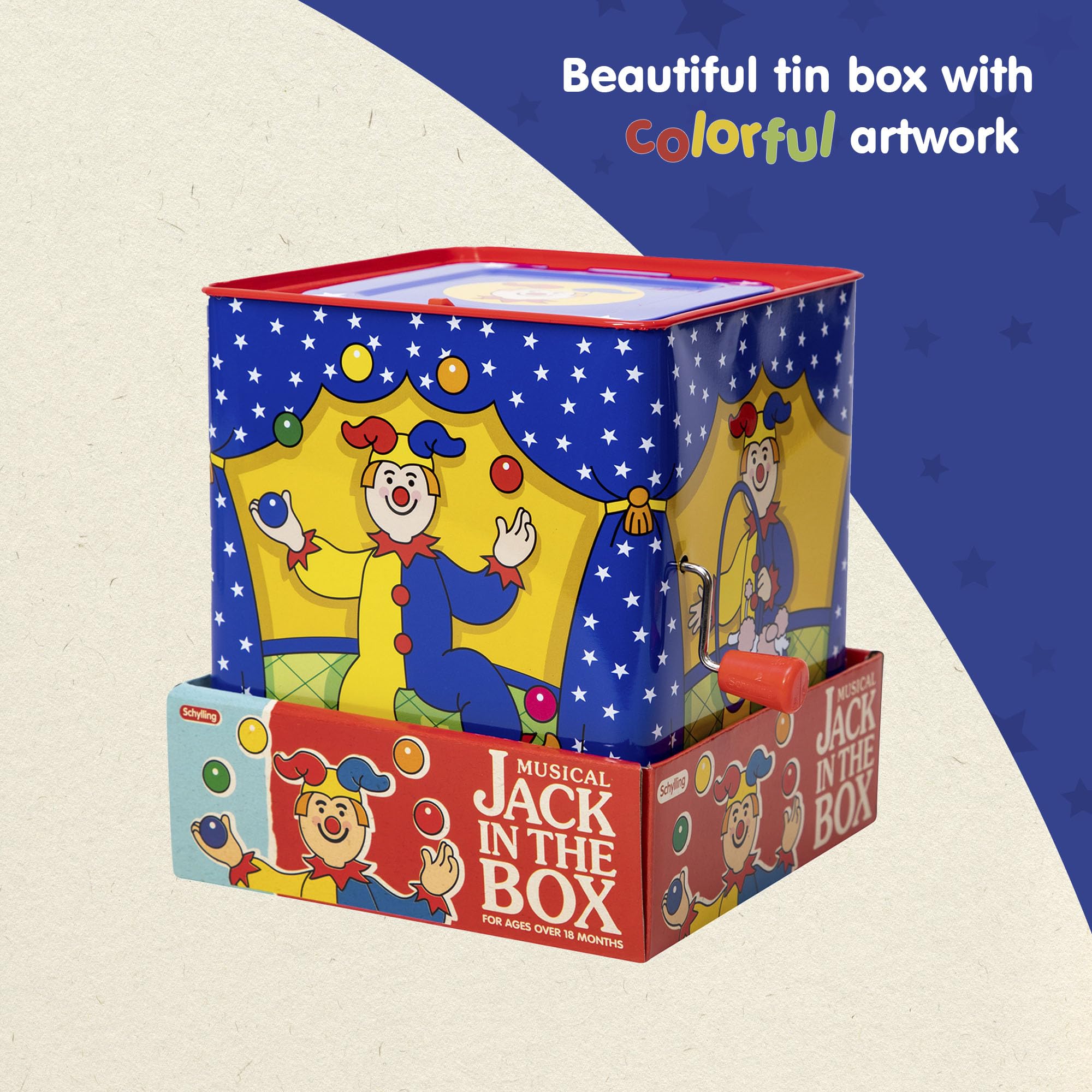 Schylling Jester Box vivid graphics spark curiosity and imaginative play.