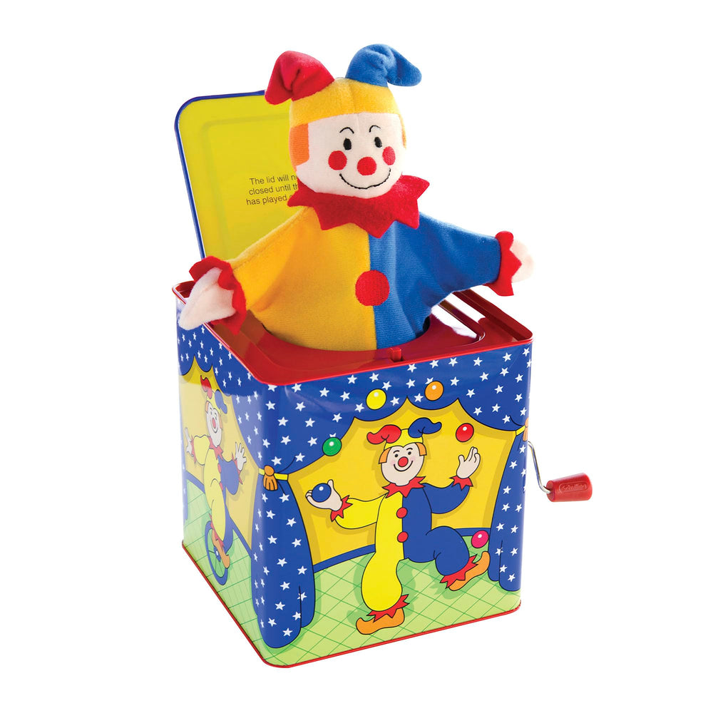 Schylling Jester Jack in the Box front view with colorful circus art that attracts attention during play.