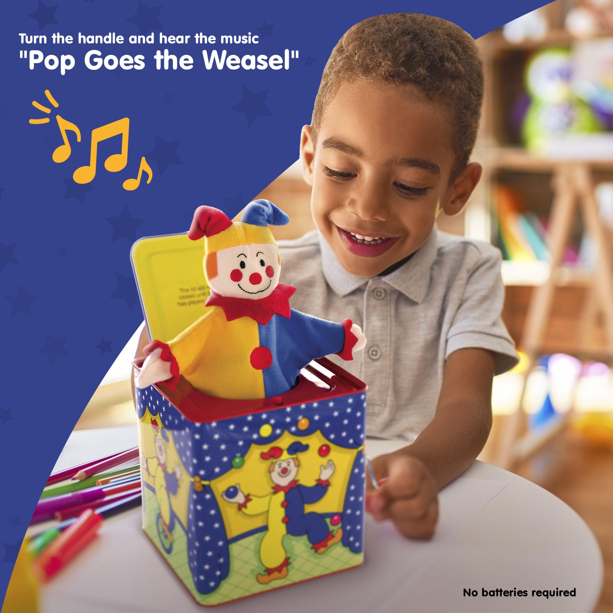 Schylling Jester Box handle-turn action inviting interactive play and cause-and-effect awareness.